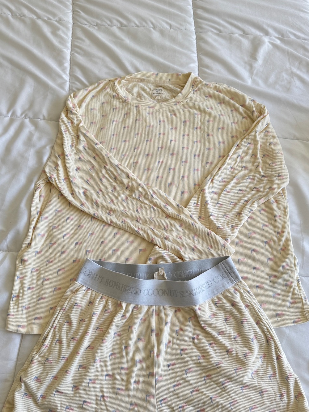 Cream Long-Sleeve Pajama Top & Shorts Set with Pink and Blue Accent